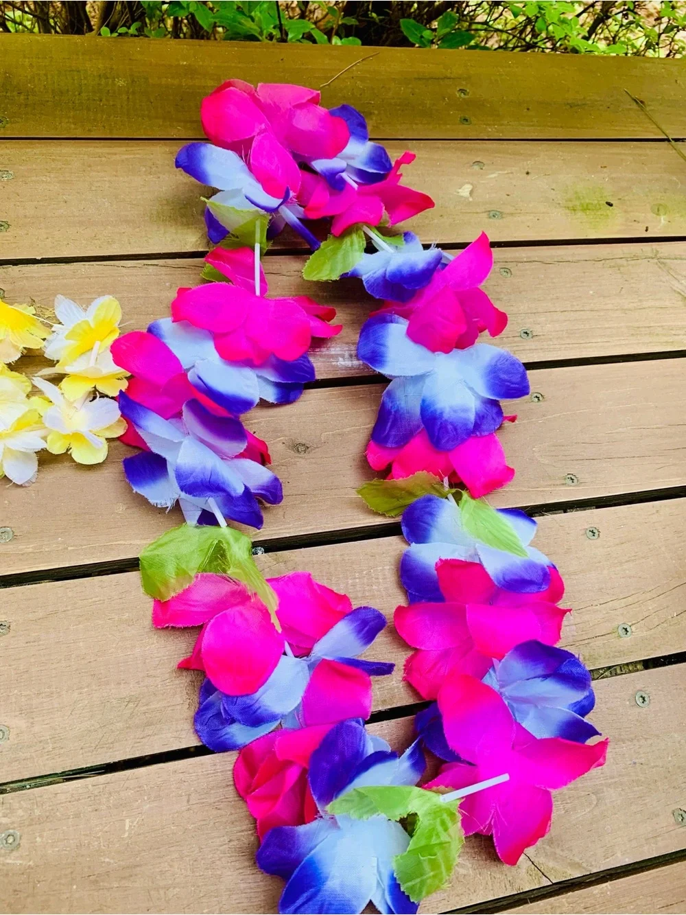 Vibrant Pink & Blue Tropical Flower Lei necklace with Yellow bracket style lei